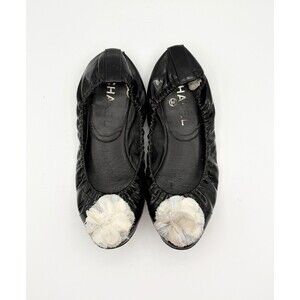 Chanel Black Patent Leather Ballet Flats White Sparkle Camellia Accent EU 36.5